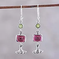Garnet and peridot dangle earrings, 'Magnificent Jhumki' - Garnet and Peridot Jhumki Dangle Earrings from India