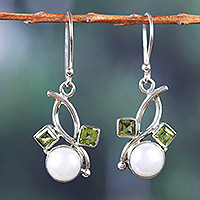 Cultured pearl and peridot dangle earrings, 'Pure & Lucky' - Floral-Inspired Cultured Pearl and Peridot Dangle Earrings