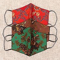 Cotton face masks, 'Bright Beauty' (set of 3) - 1 Red-1 Green-1 Sepia-2-Layer Contoured Cotton Masks