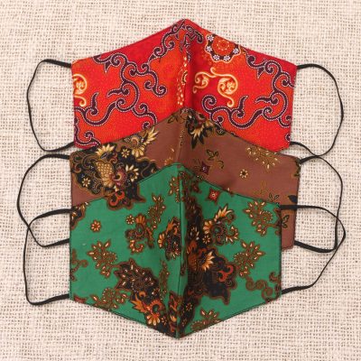 Cotton face masks, 'Bright Beauty' (set of 3) - 1 Red-1 Green-1 Sepia-2-Layer Contoured Cotton Masks