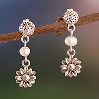 Cultured pearl dangle earrings, 'Oceanic Spring' - Oxidized and Polished Floral Cultured Pearl Dangle Earrings