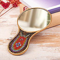 Reverse-painted hand mirror, 'Princess Reflection' - Floral Patterned Reverse-Painted Wood Hand Mirror from Peru