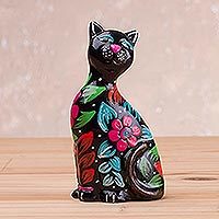 Ceramic figurine, 'Sweet Cat in Black' - Ceramic Figurine of a Floral Black Cat from Peru