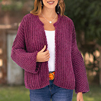 Alpaca blend cardigan, 'Burgundy Reflections' - Long-Sleeve Open-Front Burgundy Alpaca Blend Cardigan