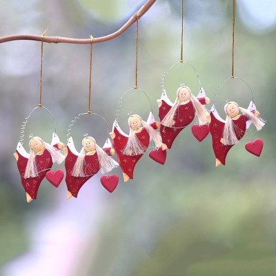 Wood ornaments, 'Angels Giving Love' (set of 5) - Heart-Themed Wood Angel Ornaments in Red (Set of 5)
