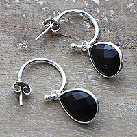 Onyx half-hoop earrings, 'Fabulous Black' - Sterling Silver Half-Hoop Earrings with Onyx Gemstone