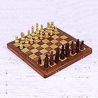 Wood chess set, 'Persian Grandeur' - Acacia and Kadam Wood Chess Set with Storage Inside