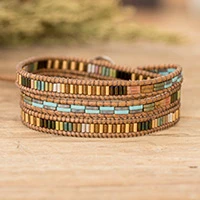 Glass beaded wrap bracelet, 'San Cristobal in Autumn' - Handcrafted Brown and Blue Glass Beaded Wrap Bracelet