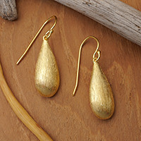 Gold-plated dangle earrings, 'The Immortal Splendor' - Gold-Plated Drop-Shaped Earrings with Brushed-Satin Finish