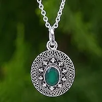 Onyx pendant necklace, 'Jaipur Mystic' - Green Onyx and Sterling Silver Pendant Necklace from India