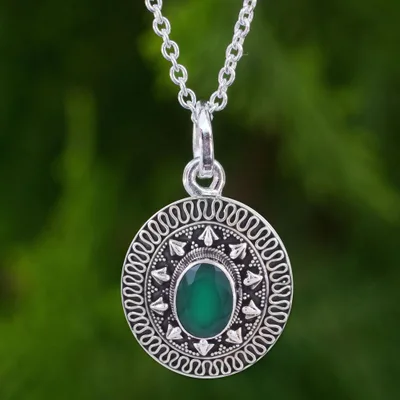 Onyx pendant necklace, 'Jaipur Mystic' - Green Onyx and Sterling Silver Pendant Necklace from India