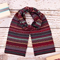 100% baby alpaca scarf, 'Andean Mirage' - Geometric Knit Baby Alpaca Scarf in Wine Red Purple Hues