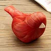 Cedar and natural fiber figurine, 'Red Plumage' - Handmade Cedar Wood and Natural Fiber Bird Figurine in Red