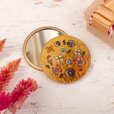 Reverse-painted pocket  mirror, 'Jolly Spring' - Spring-Themed Reverse-Painted Round Pocket Mirror in Yellow