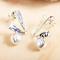 Cultured pearl drop earrings, 'Check' - Drop Earrings with White Cultured Pearls