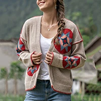 100% alpaca cardigan, 'Suzani Style' - Hand-Knit Suzani Embroidery-Inspired Grey Alpaca Cardigan