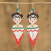 Beaded dangle earrings, 'Kahlo' - Handmade Frida Kahlo Glass Bead Earrings from Guatemala