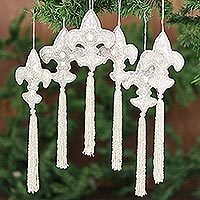 Beaded ornaments, 'Fleur-de-Lis' (set of 6) - Beaded ornaments (Set of 6)