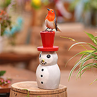 Wood statuette, 'Waiting for Spring' - Suar Wood Bird Statuette with Snowman Motif