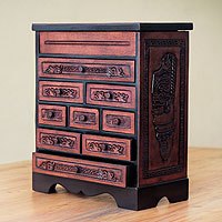 Cedar and leather jewelry box, 'Memories' - Cedar and Brown Tooled Leather Jewelry Box with Drawers