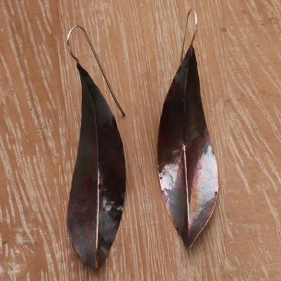 Copper drop earrings, 'Antique Leaves' - Leaf-Shaped Modern Drop Earrings in Copper from Bali