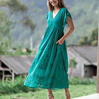 Embroidered empire waist dress, 'Ethereal' - Embellished Embroidered Teal Empire Waist Dress