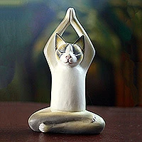 Wood sculpture, 'Toward the Sky Yoga Cat' - Albesia Wood Sculpture