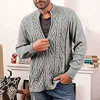 Men's 100% alpaca zipper cardigan, 'Cozy Pearl Grey' - Pearl Grey Alpaca Cable Knit Men's Cardigan with Zipper