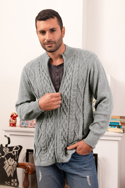 Men's 100% alpaca zipper cardigan, 'Cozy Pearl Grey' - Pearl Grey Alpaca Cable Knit Men's Cardigan with Zipper