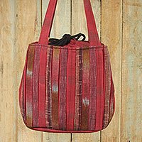 Cotton shoulder bag, 'Orient Red' - Hand Woven Red Ikat Style Cotton Shoulder Bag with Pockets