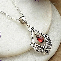Garnet pendant necklace, 'Red Incantation' - Classic Combination Finish Natural Garnet Pendant Necklace