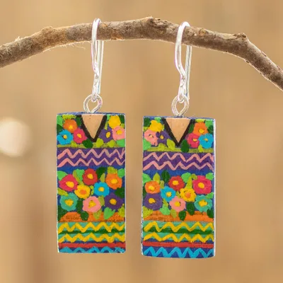 Wood dangle earrings, 'San Antonio Huipil' - Cedar Wood Hand Painted Dangle Earrings with Huipil Design