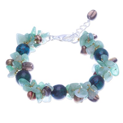 Multi-gemstone beaded bracelet, 'Sea Foam Charm' - Smoky Quartz and Cultured Pearl Beaded Bracelet