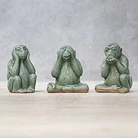 Celadon ceramic figurines, 'Offering Wisdom' (set of 3) - Celadon Ceramic Wise Monkey Figurines (Set of 3)