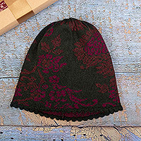 100% baby alpaca hat, 'Evergreen Garden' - 100% Baby Alpaca Floral and Leaf Hat in Moss and Magenta