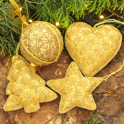 Beaded satin ornaments, 'Golden Christmas' (set of 4) - Embellished Gold Satin Christmas Ornaments (Set of 4)