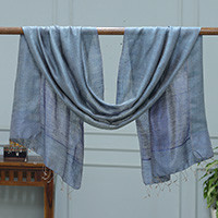 Silk reversible shawl, 'Ocean Sides' - Blue-Toned Woven 100% Silk Reversible Shawl with Fringes
