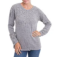 100% baby alpaca cardigan sweater, 'Sweet Mystique in Smoke' - Baby Alpaca Cardigan Sweater with Pointelle Knit Designs