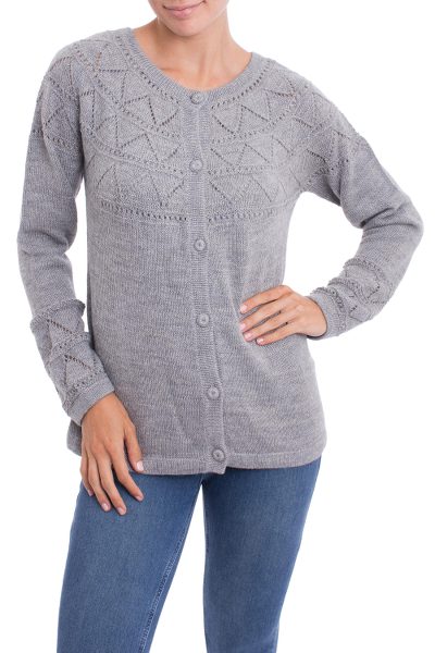 100% baby alpaca cardigan sweater, 'Sweet Mystique in Smoke' - Baby Alpaca Cardigan Sweater with Pointelle Knit Designs