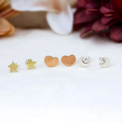 Mixed metal button earrings, 'Three Moods' (set of 3) - 3 Heart Moon Star-Themed Taxco Silver Copper Brass Earrings