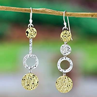 Mixed metal earrings, 'Asymmetric Taxco' - Sterling Silver and Brass Asymmetric Earrings Made in Taxco