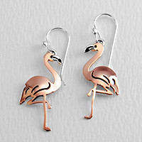 Copper and sterling silver dangle earrings, 'Playful Flamingo' - Flamingo-Shaped Copper and Sterling Silver Dangle Earrings