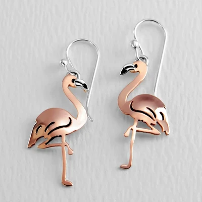 Copper and sterling silver dangle earrings, 'Playful Flamingo' - Flamingo-Shaped Copper and Sterling Silver Dangle Earrings