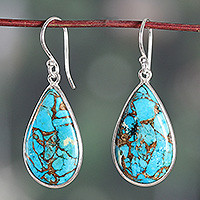 Sterling silver dangle earrings, 'Free Waters' - Drop-Shaped Composite Turquoise and Sterling Silver Earrings