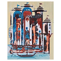 'Meditative Ghats II' - Expressionist Acrylic on Paper Ghat Painting from India