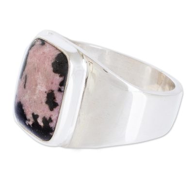 Men's rhodonite single stone ring, 'Virtue in Pink' - Rhodonite Men's Statement Ring from Guatemala