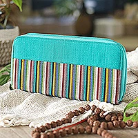 Cotton wallet, 'Humble Lurik Turquoise' - Handwoven Turquoise Striped Cotton Wallet with Zipper
