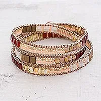 Aventurine beaded wrap bracelet, 'Mayan Architecture' - Aventurine Beaded Wrap Bracelet in Peach from Guatemala