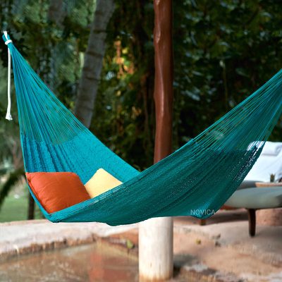 Cotton rope hammock, 'Sunset Siesta in Teal' (Double) - Teal Cotton Rope Hammock (Double) from Mexico