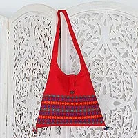 Cotton shoulder bag, 'Crimson Tease' - Red Cotton Shoulder Bag Handmade India